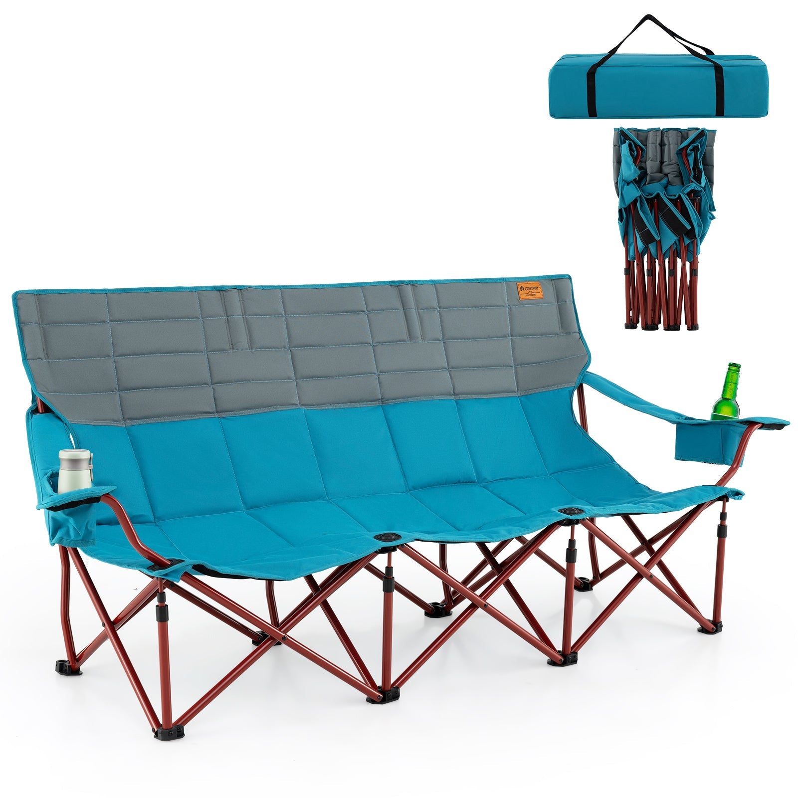 3 Person Folding Camping Chair with 2 Cup Holders