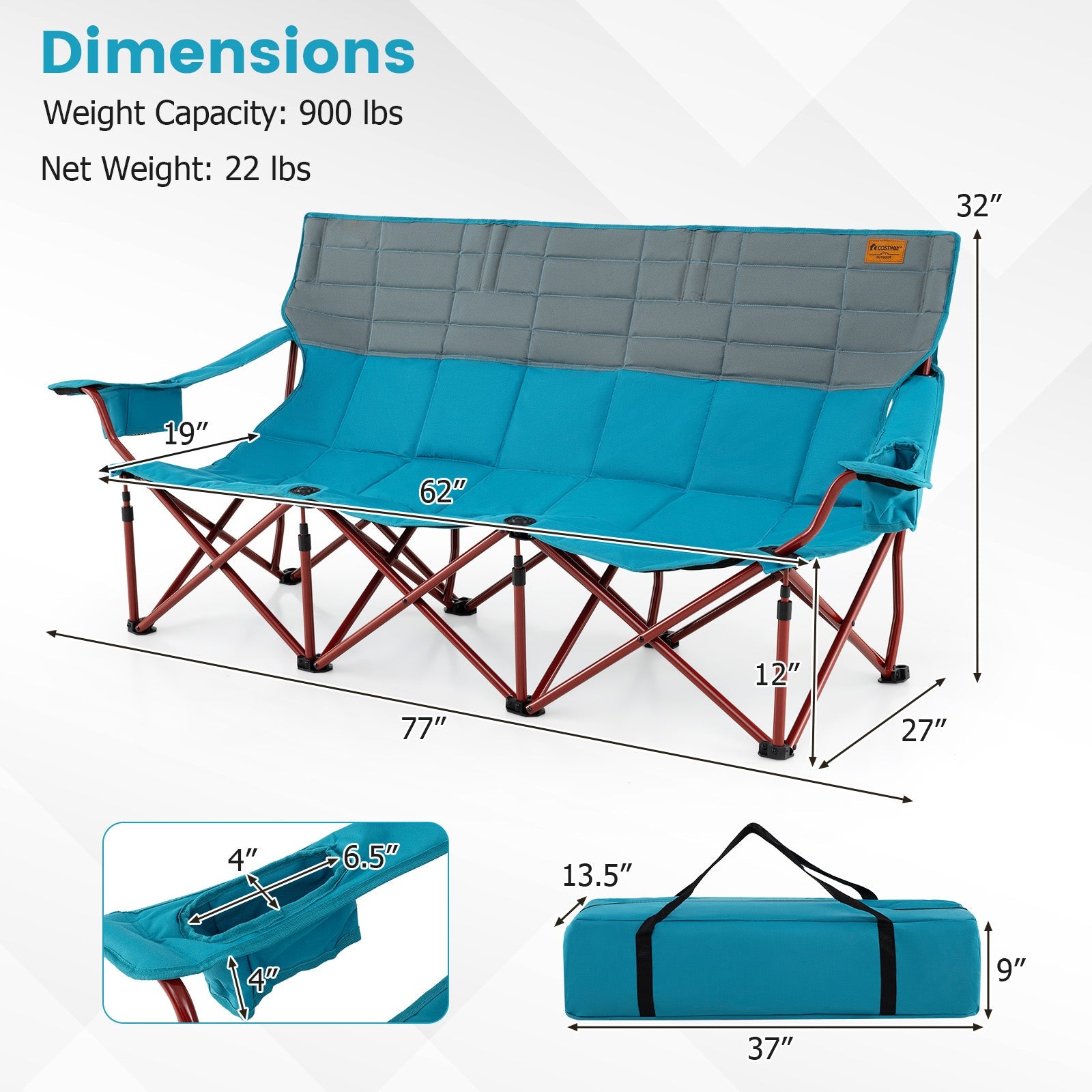3 Person Folding Camping Chair with 2 Cup Holders