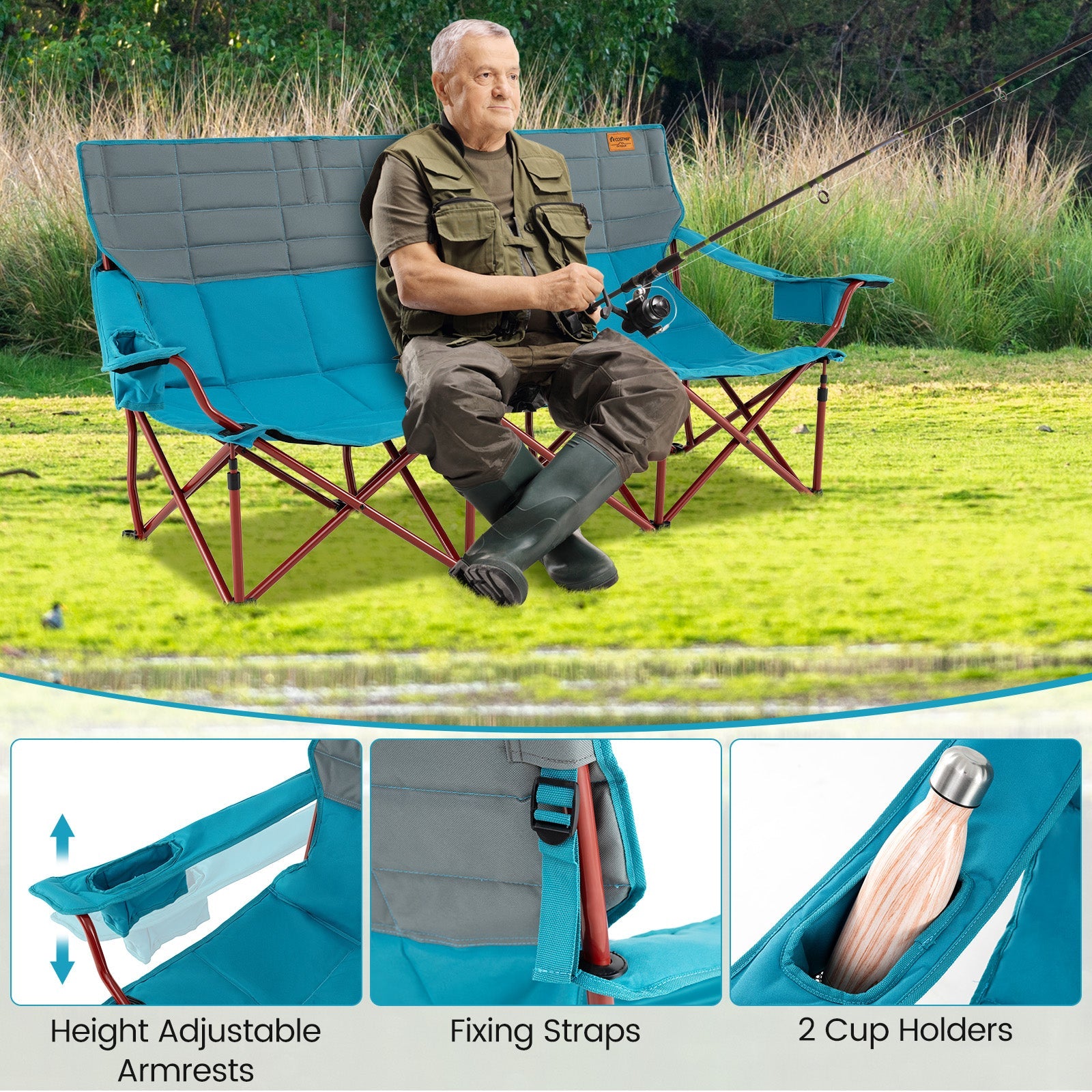 3 Person Folding Camping Chair with 2 Cup Holders