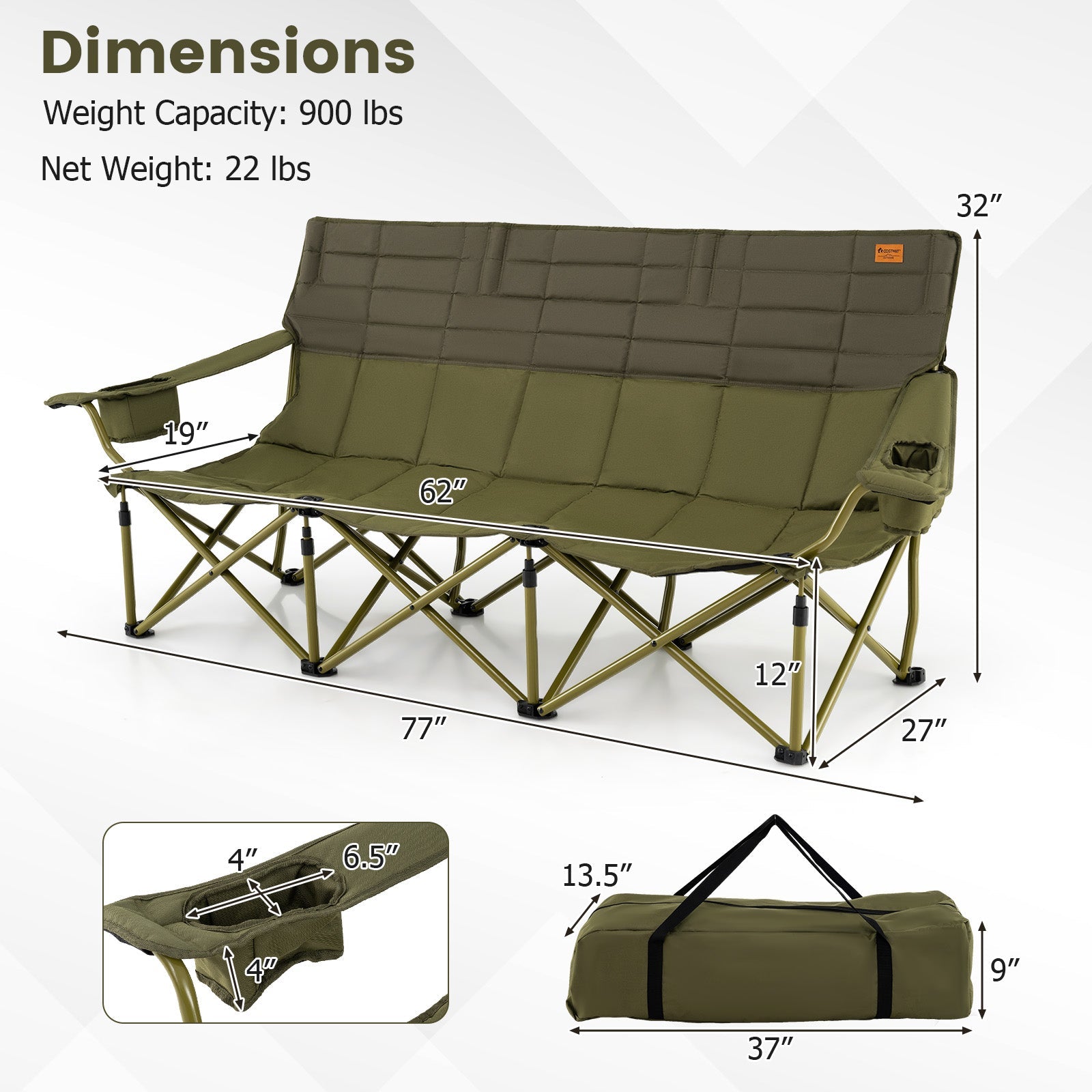 3 Person Folding Camping Chair with 2 Cup Holders