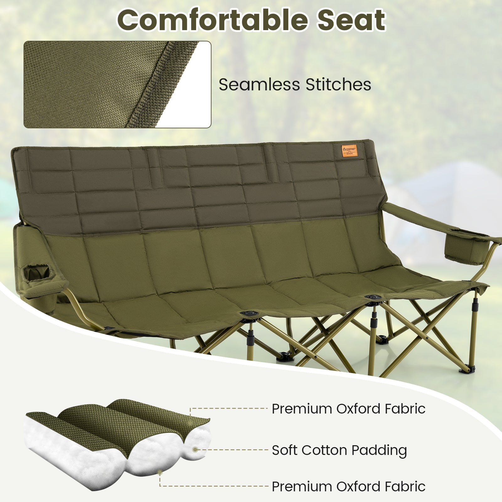 3 Person Folding Camping Chair with 2 Cup Holders