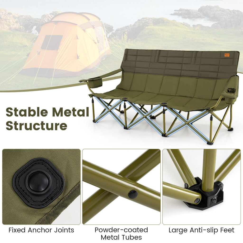 3 Person Folding Camping Chair with 2 Cup Holders
