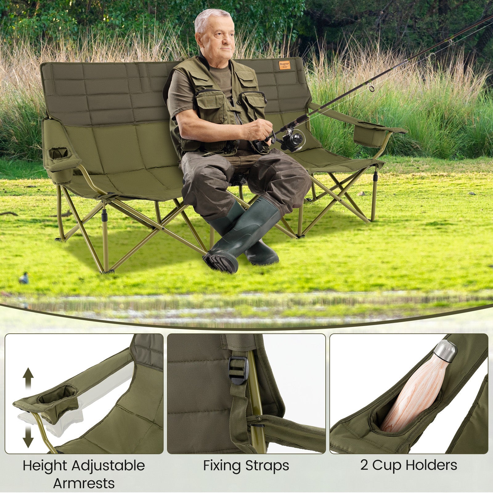 3 Person Folding Camping Chair with 2 Cup Holders