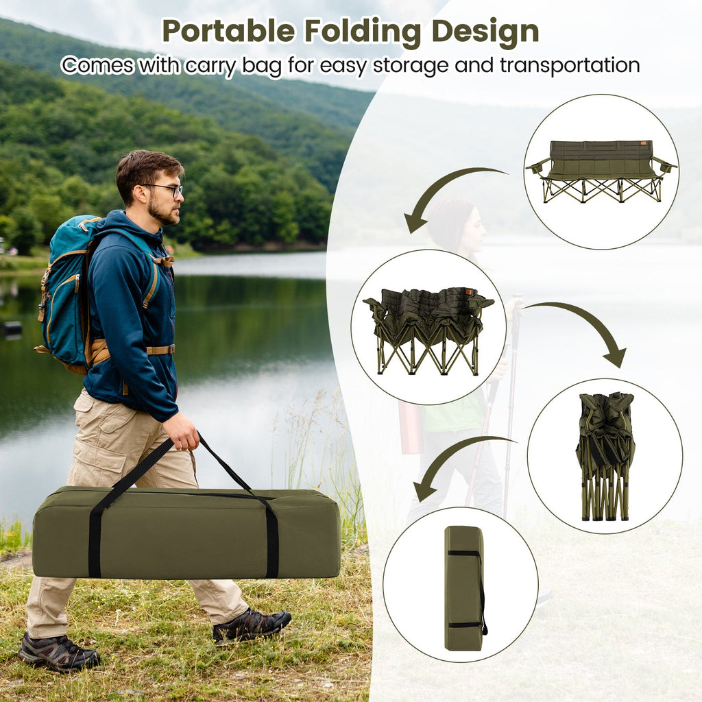 3 Person Folding Camping Chair with 2 Cup Holders