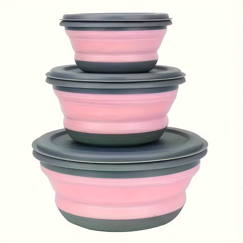 3 Foldable Silicone Camping Bowls with Lids