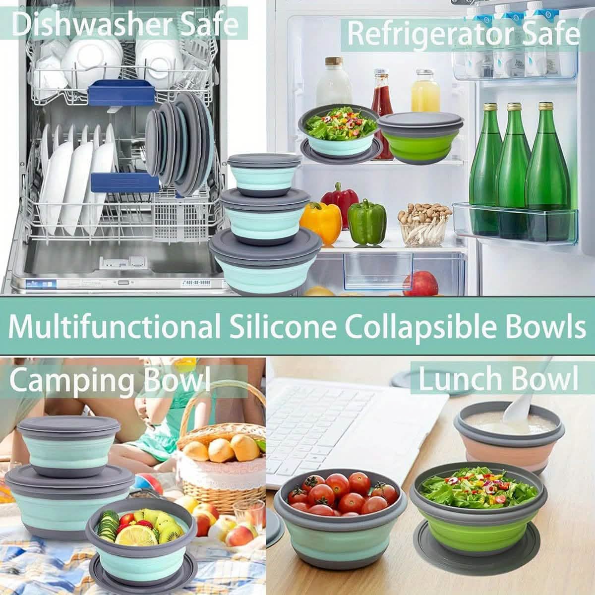 3 Foldable Silicone Camping Bowls with Lids