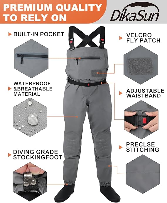 DikaSun Breathable Stocking Foot Waders for Fly Fishing