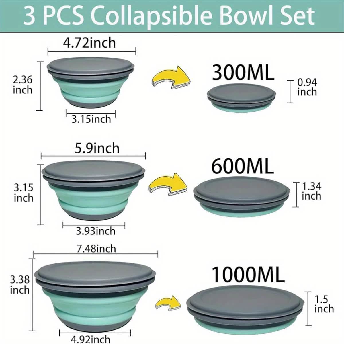 3 Foldable Silicone Camping Bowls with Lids