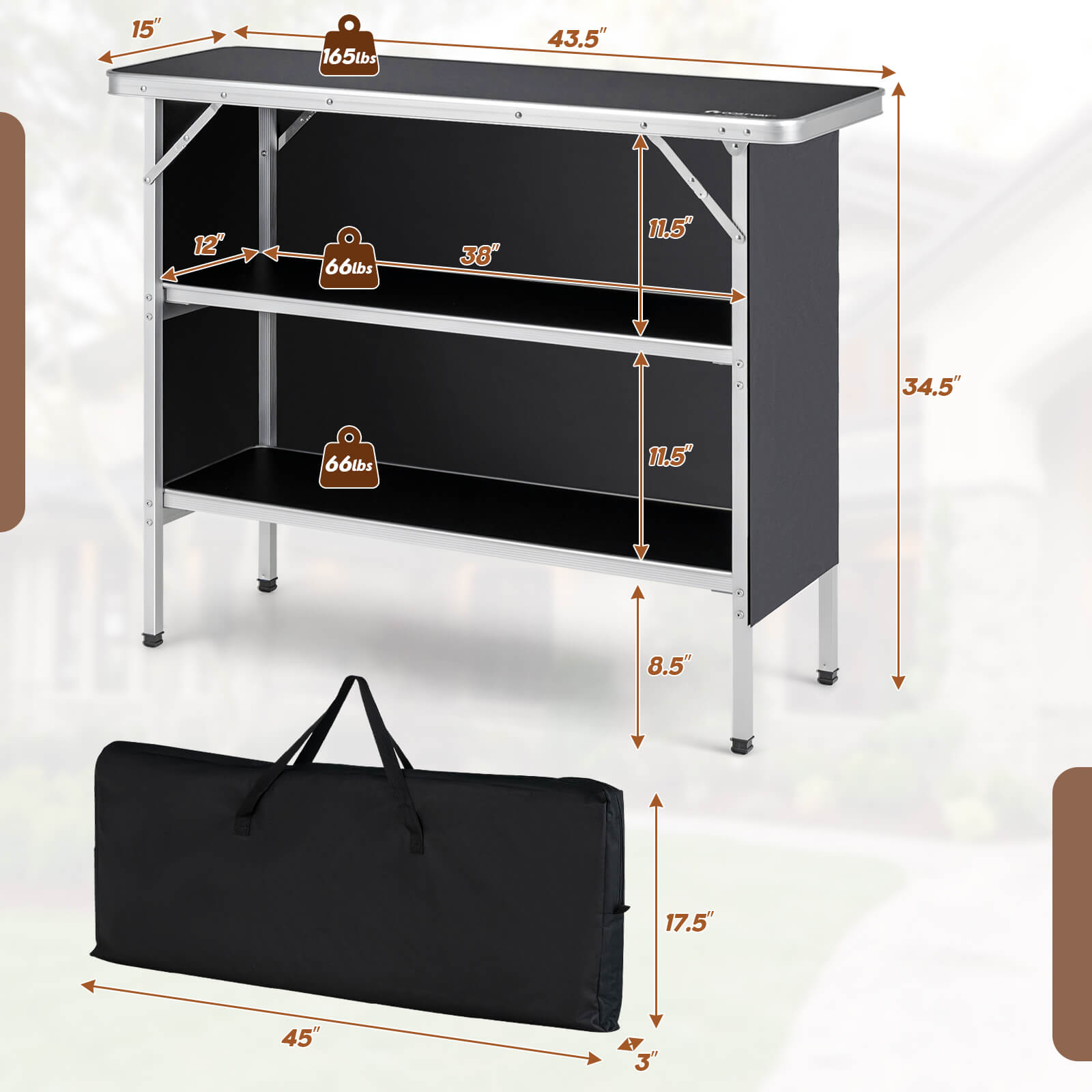 Folding Camping Table with 2-Tier Open Shelves