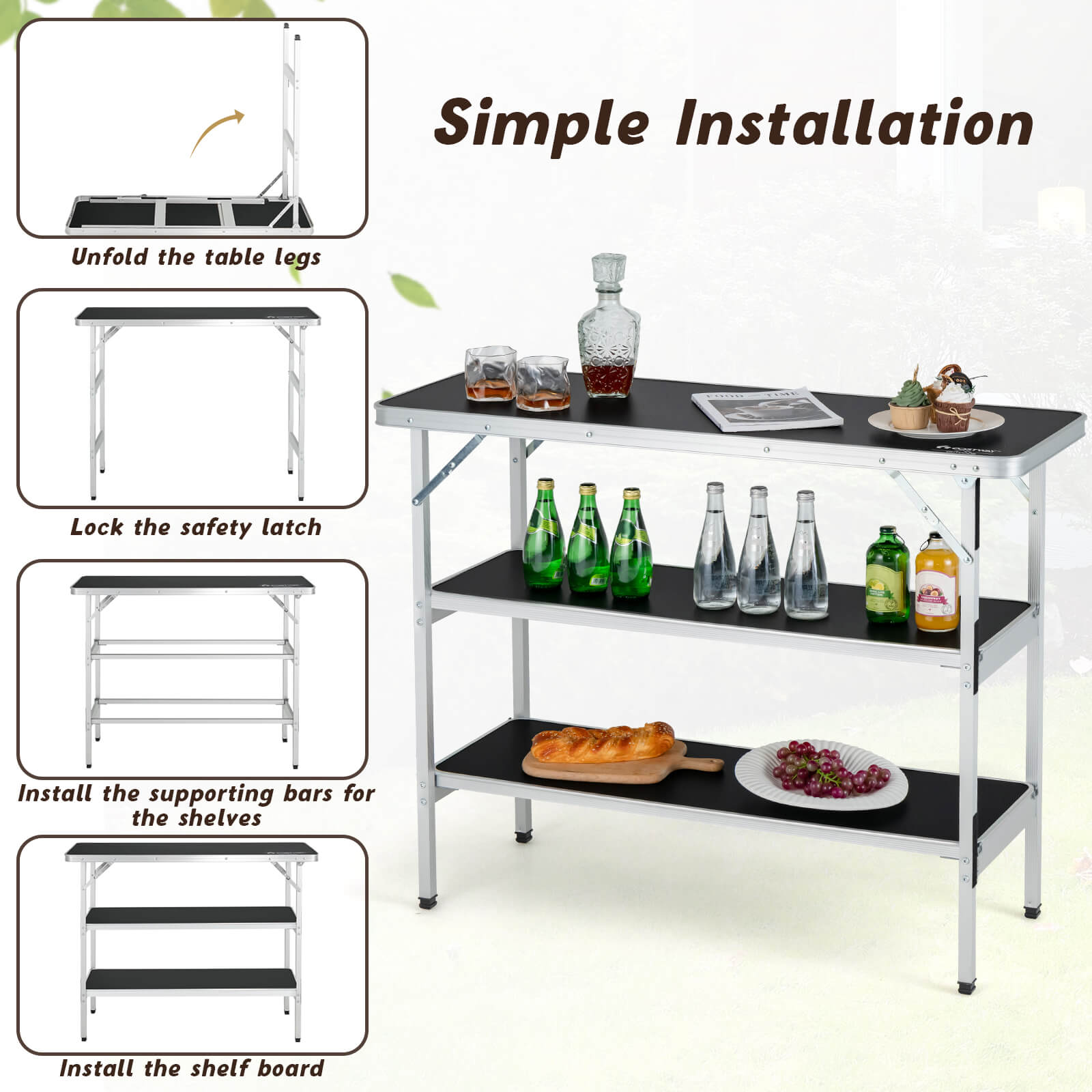 Folding Camping Table with 2-Tier Open Shelves