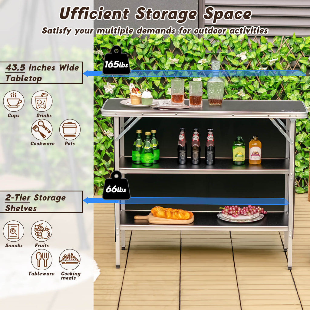 Folding Camping Table with 2-Tier Open Shelves