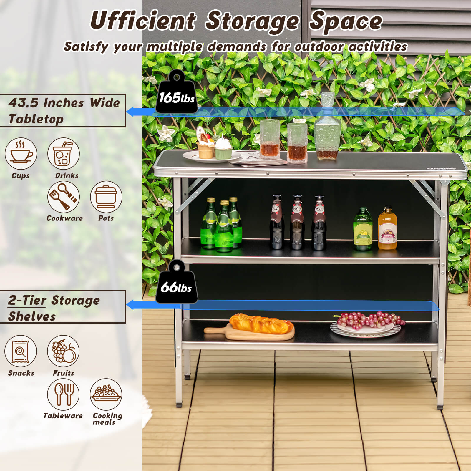 Folding Camping Table with 2-Tier Open Shelves