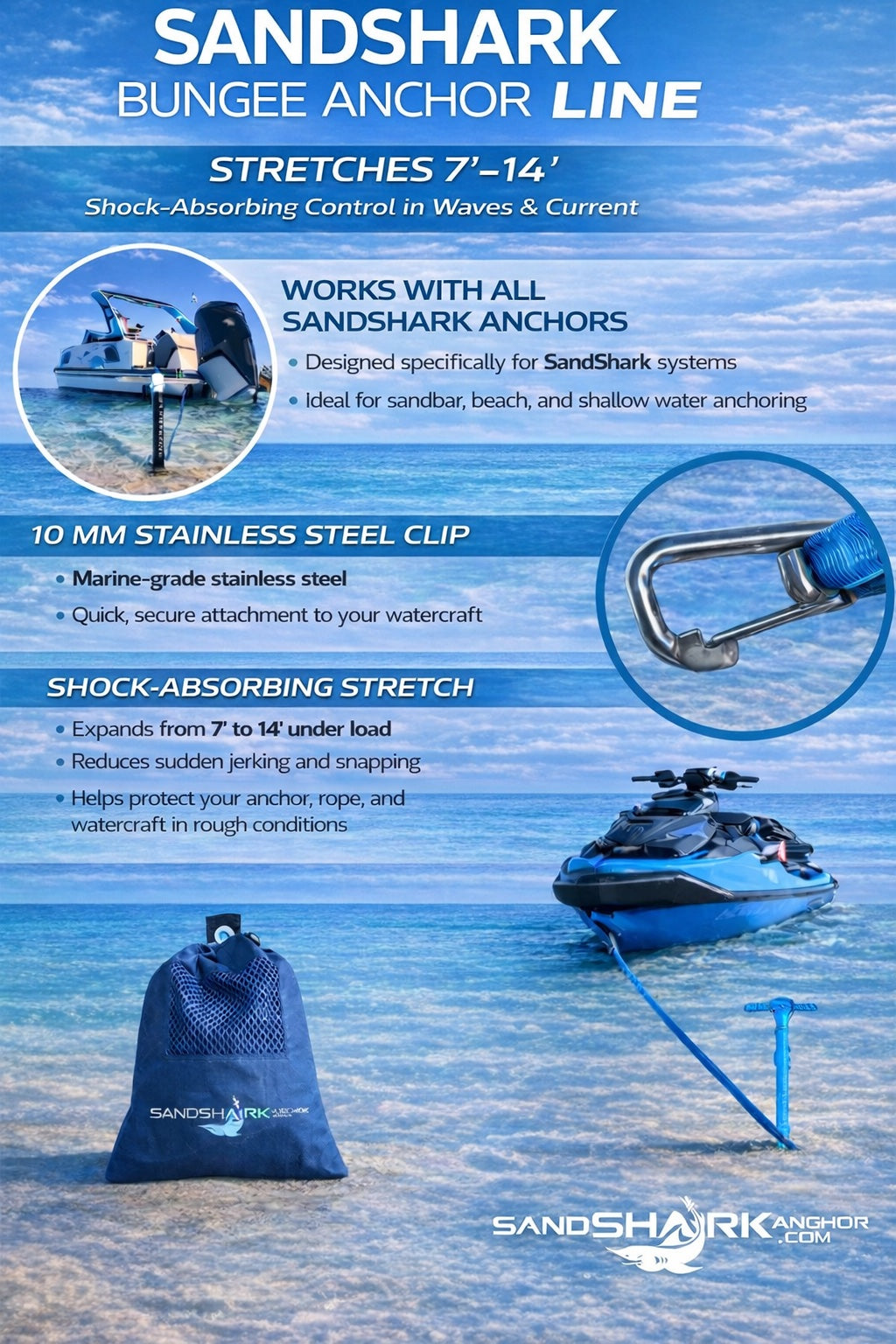 SandShark Premium Flat Bungee Line. Stretches 7-14'.