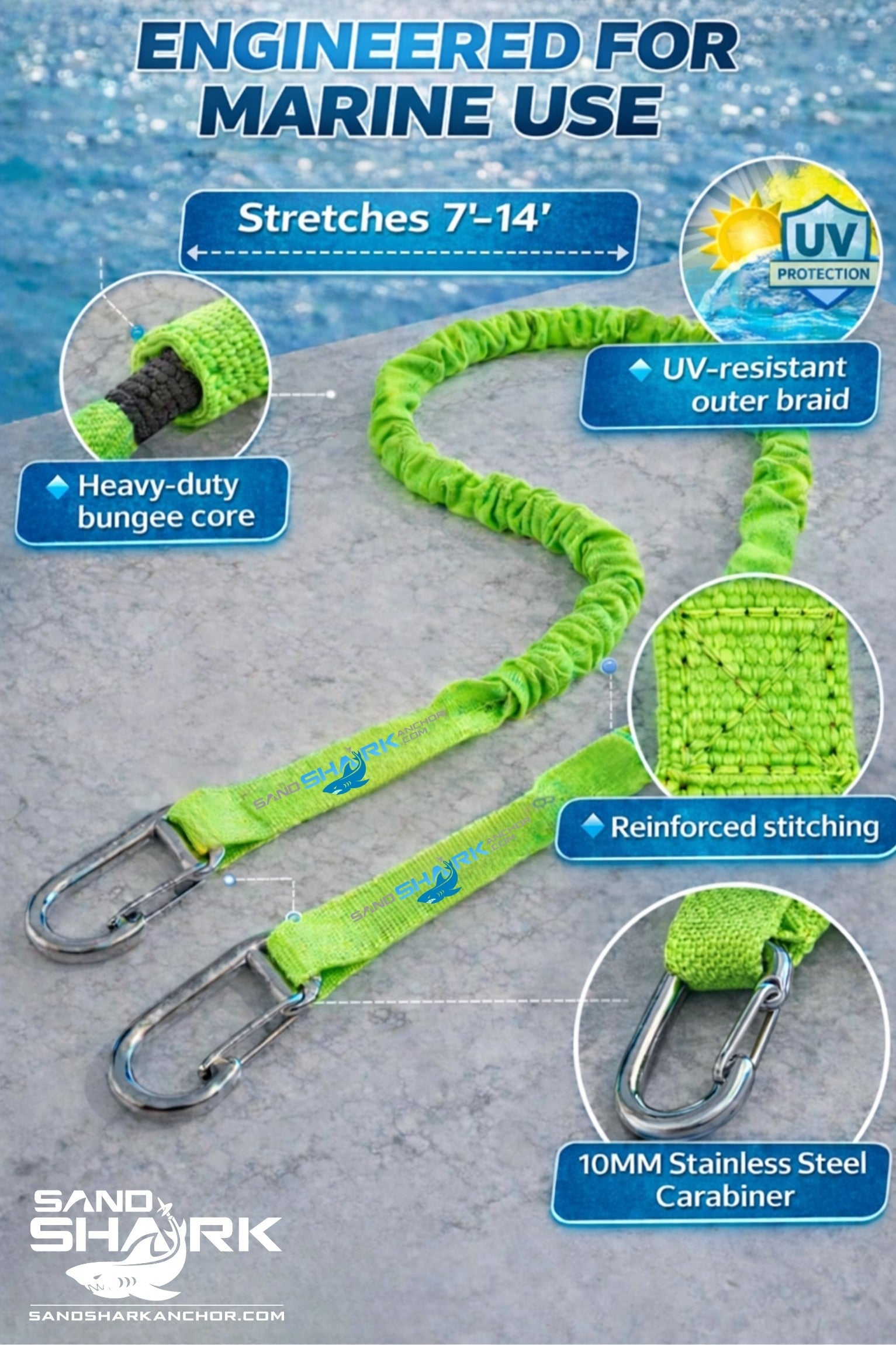 SandShark Premium Flat Bungee Line. Stretches 7-14'.
