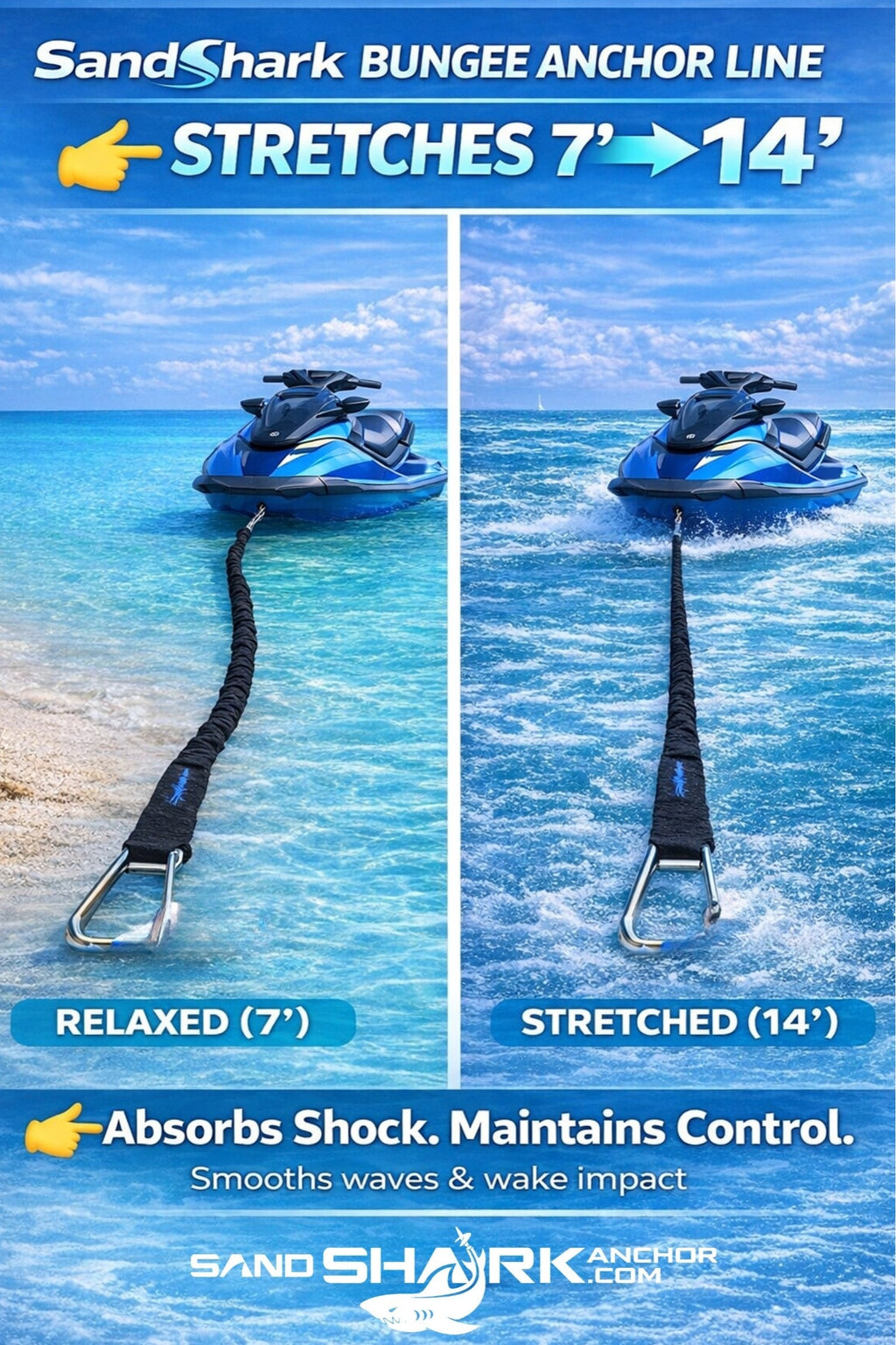 SandShark Premium Flat Bungee Line. Stretches 7-14'.