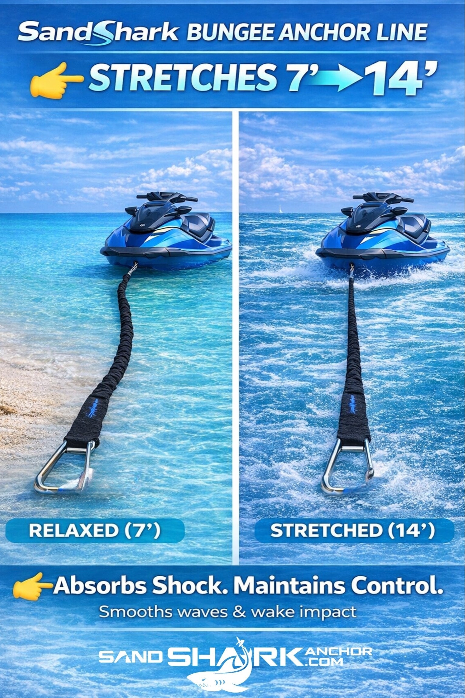 SandShark Premium Flat Bungee Line. Stretches 7-14'.