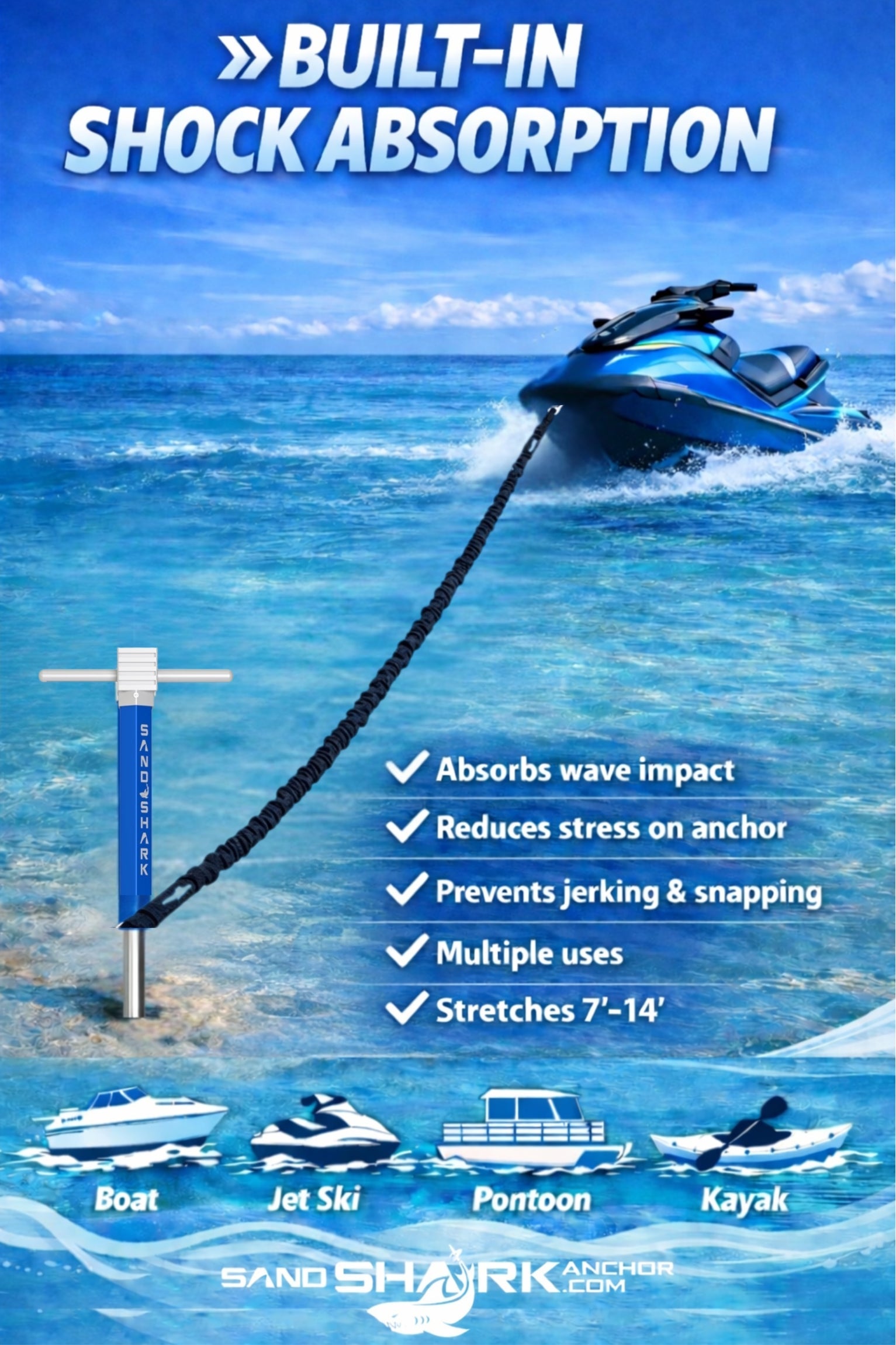 SandShark Premium Flat Bungee Line. Stretches 7-14'.