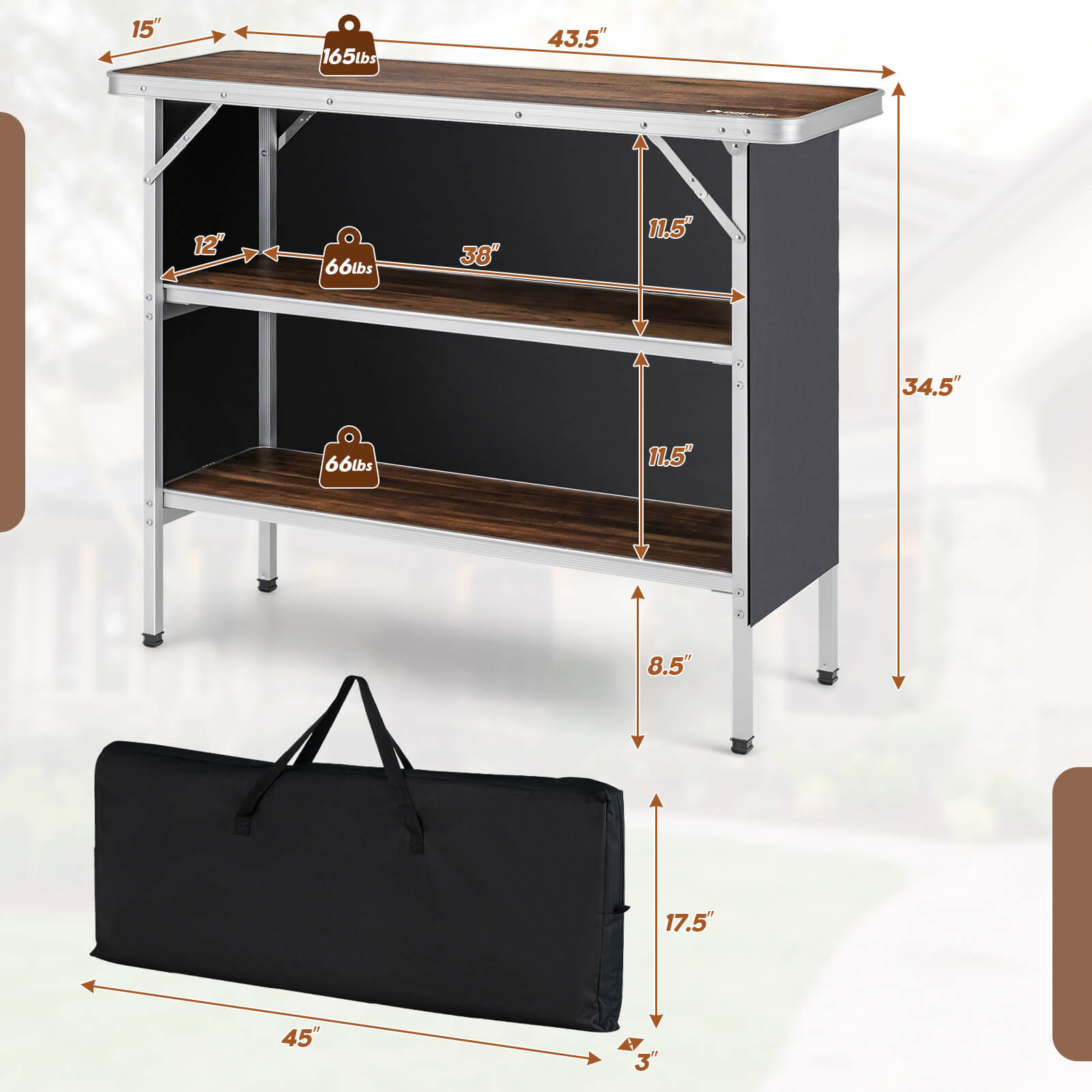 Folding Camping Table with 2-Tier Open Shelves