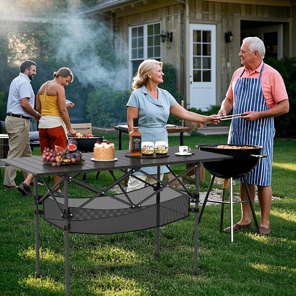 Folding Camping Table with Roll-up Tabletop and Mesh Basket
