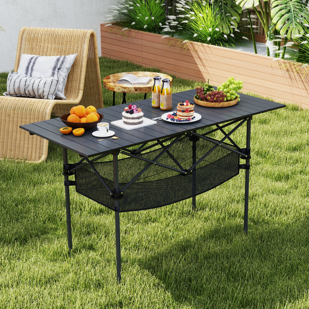 Folding Camping Table with Roll-up Tabletop and Mesh Basket