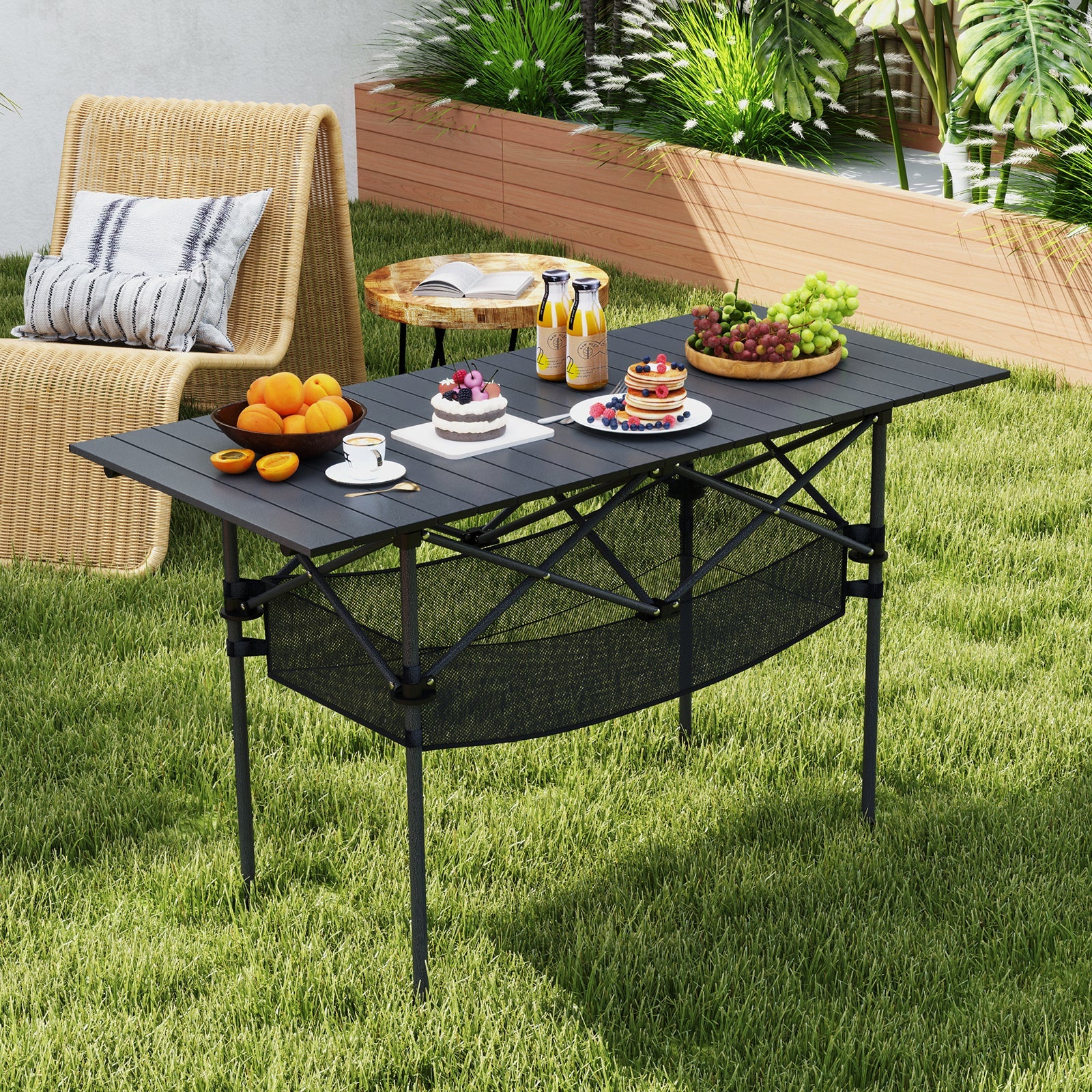 Folding Camping Table with Roll-up Tabletop and Mesh Basket