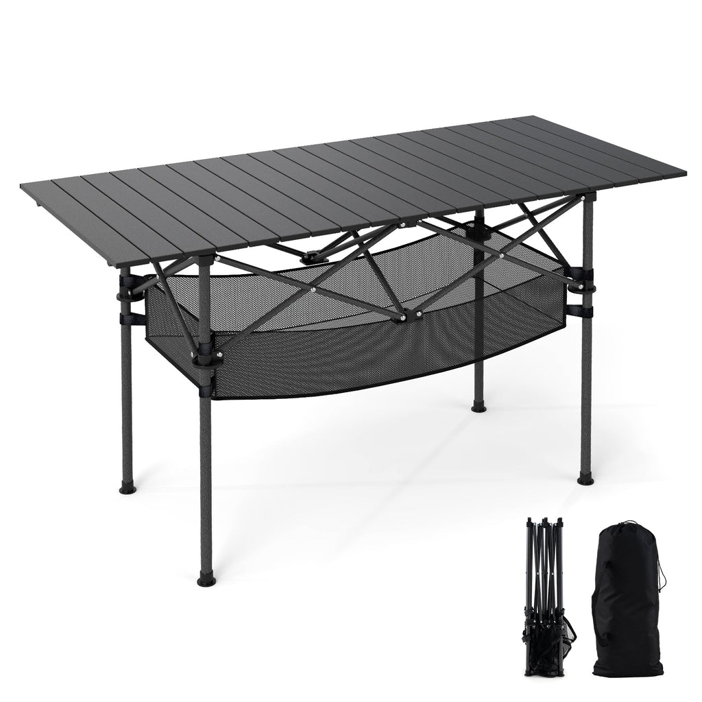 Folding Camping Table with Roll-up Tabletop and Mesh Basket