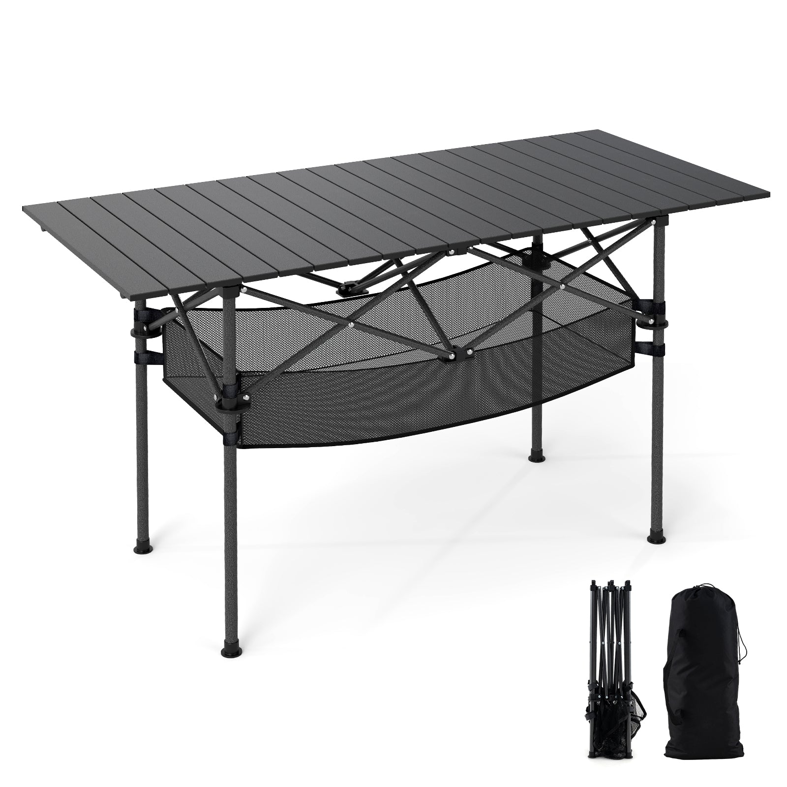 Folding Camping Table with Roll-up Tabletop and Mesh Basket