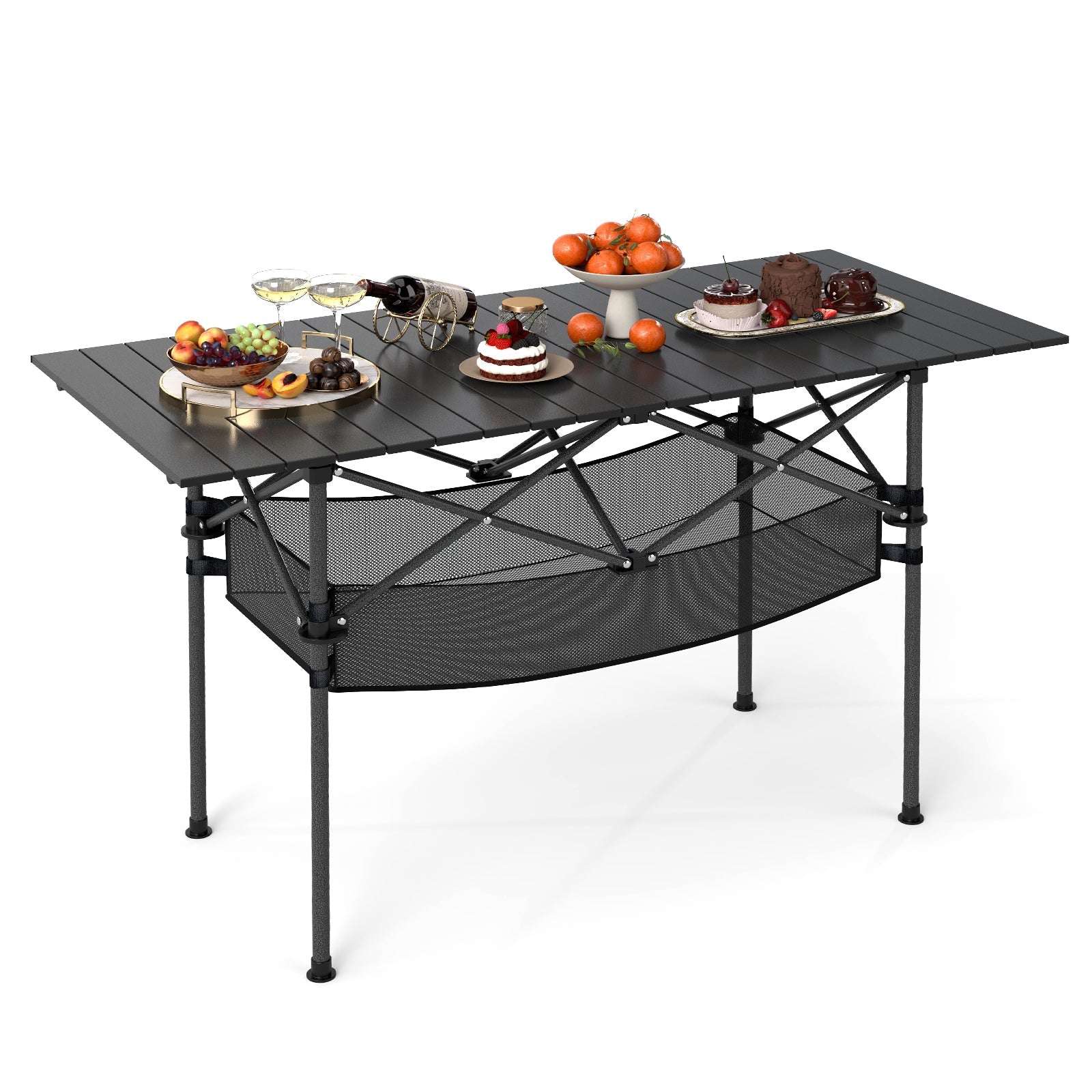 Folding Camping Table with Roll-up Tabletop and Mesh Basket