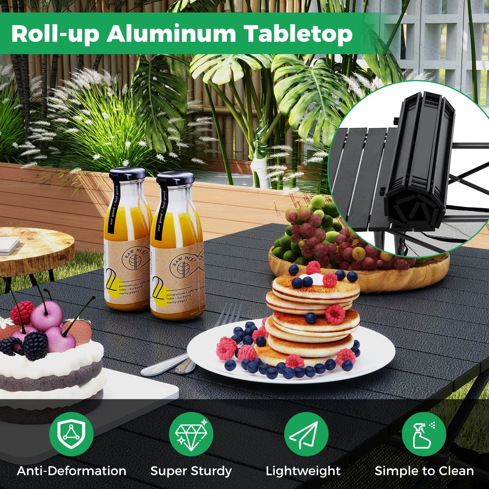 Folding Camping Table with Roll-up Tabletop and Mesh Basket
