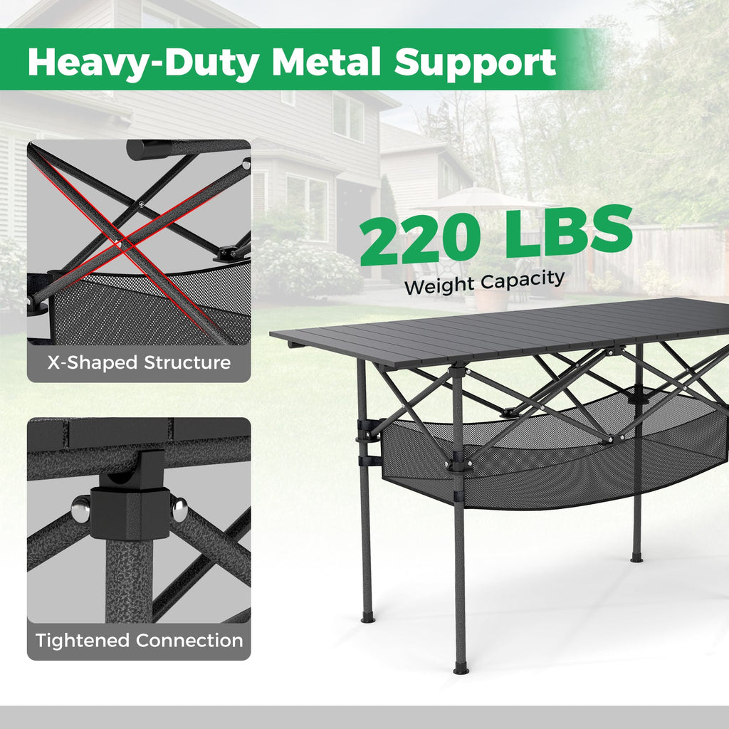 Folding Camping Table with Roll-up Tabletop and Mesh Basket