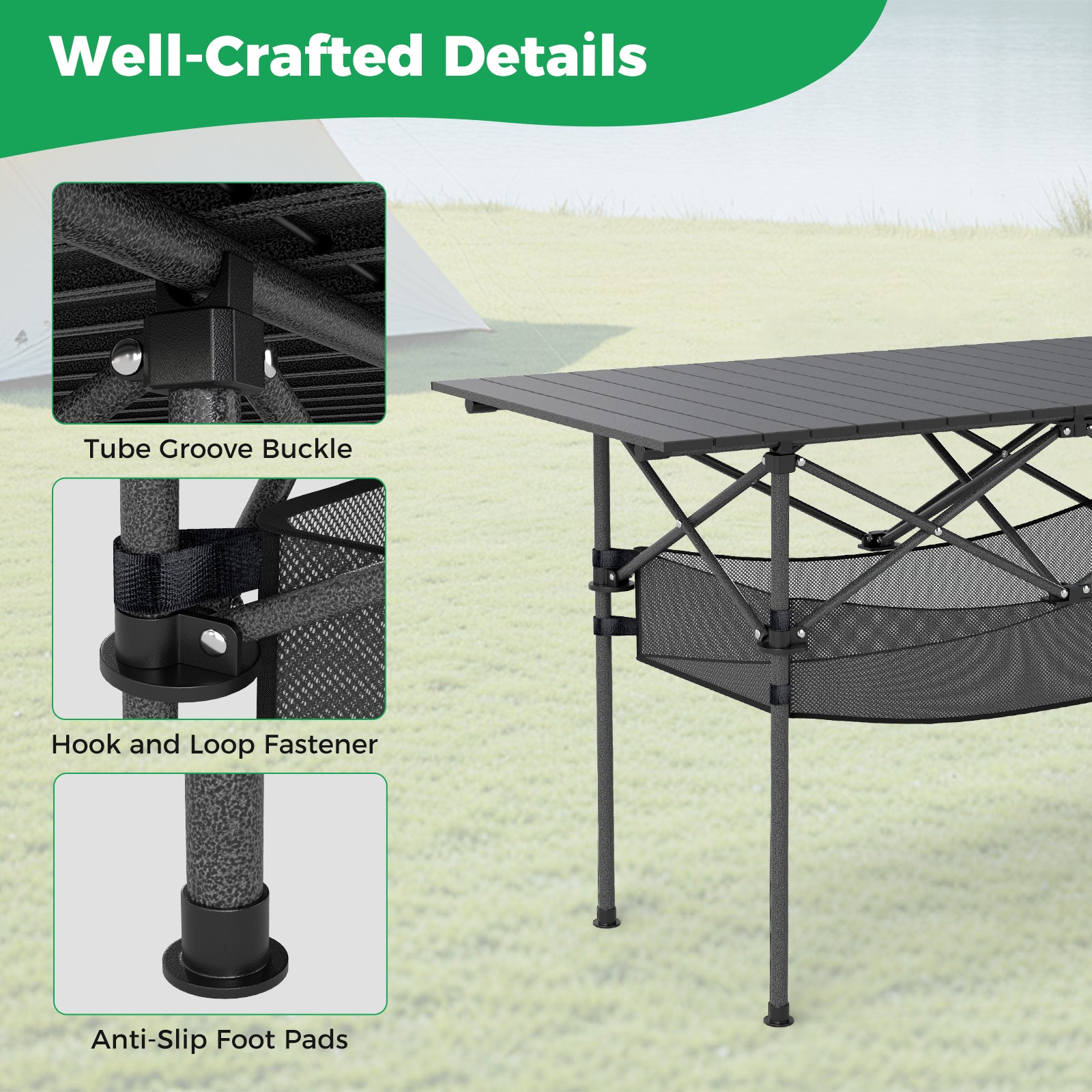 Folding Camping Table with Roll-up Tabletop and Mesh Basket