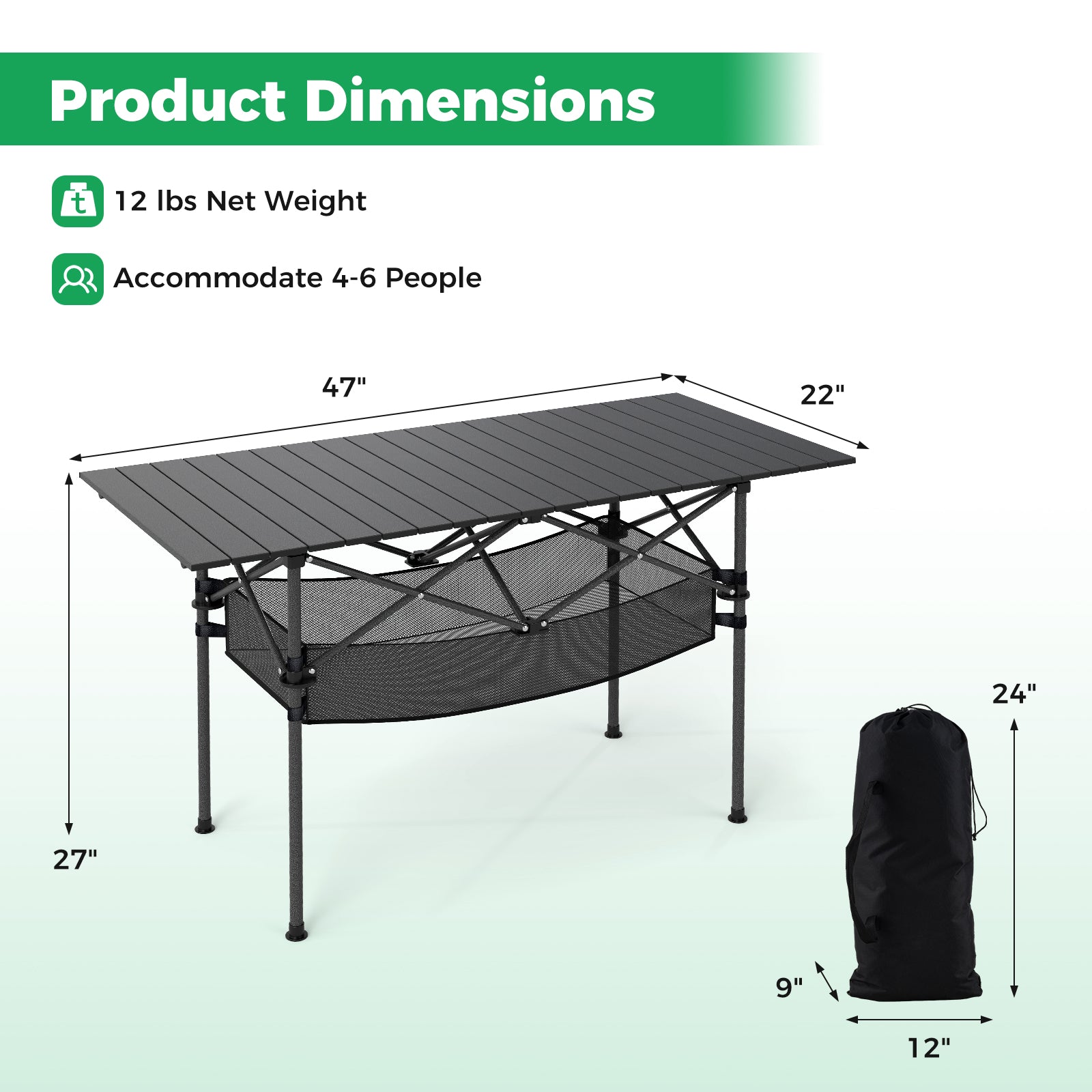 Folding Camping Table with Roll-up Tabletop and Mesh Basket