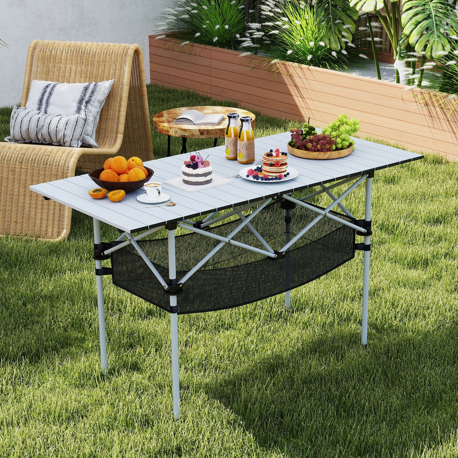 Folding Camping Table with Roll-up Tabletop and Mesh Basket
