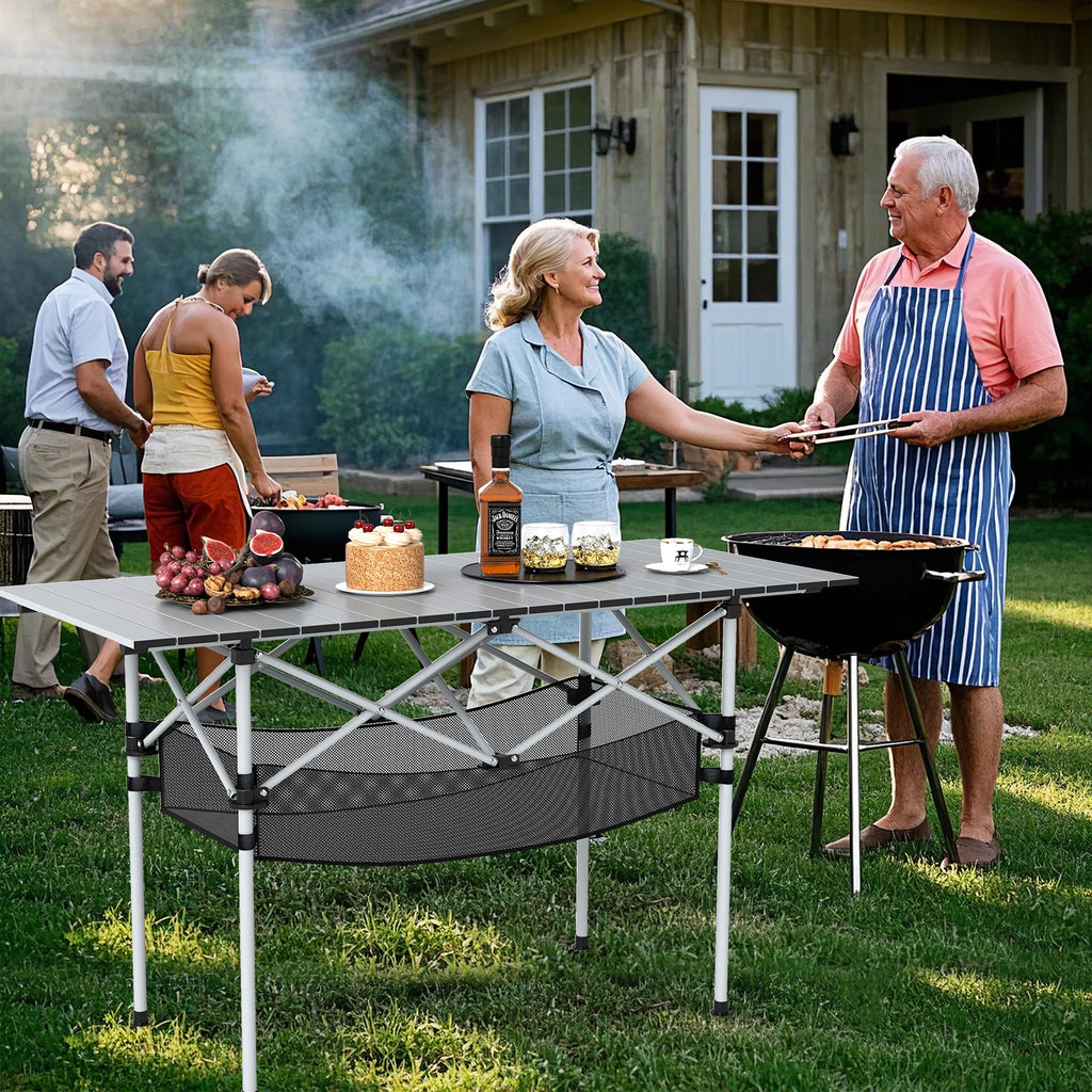 Folding Camping Table with Roll-up Tabletop and Mesh Basket