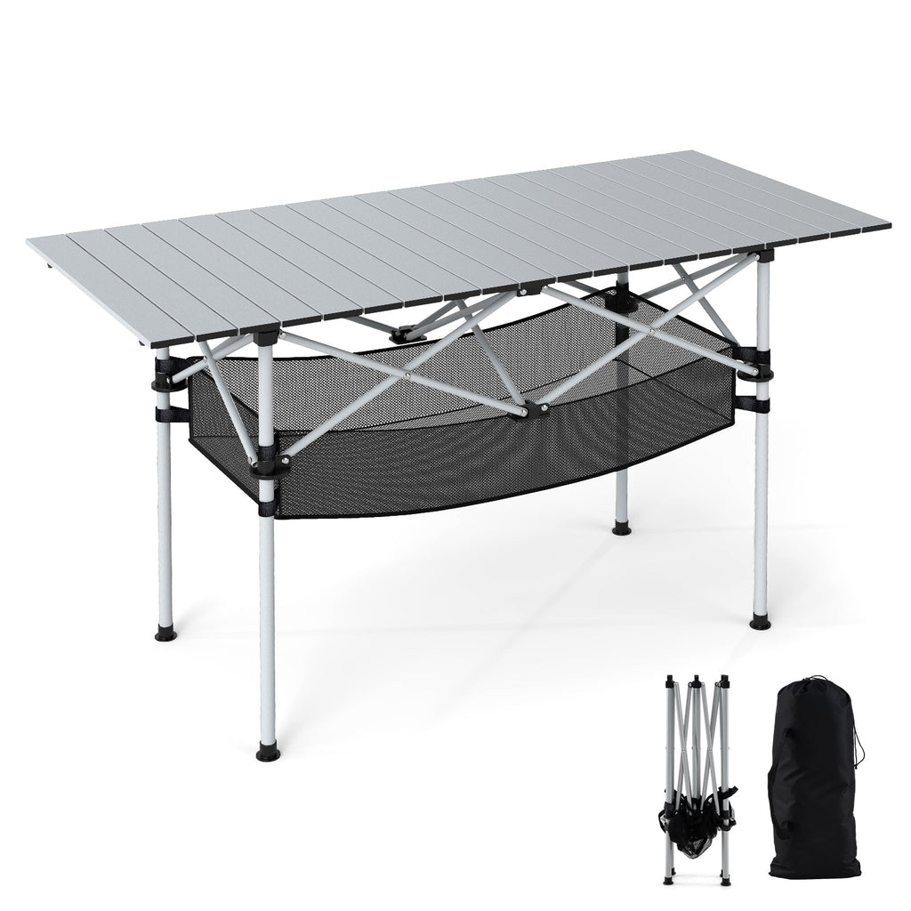 Folding Camping Table with Roll-up Tabletop and Mesh Basket