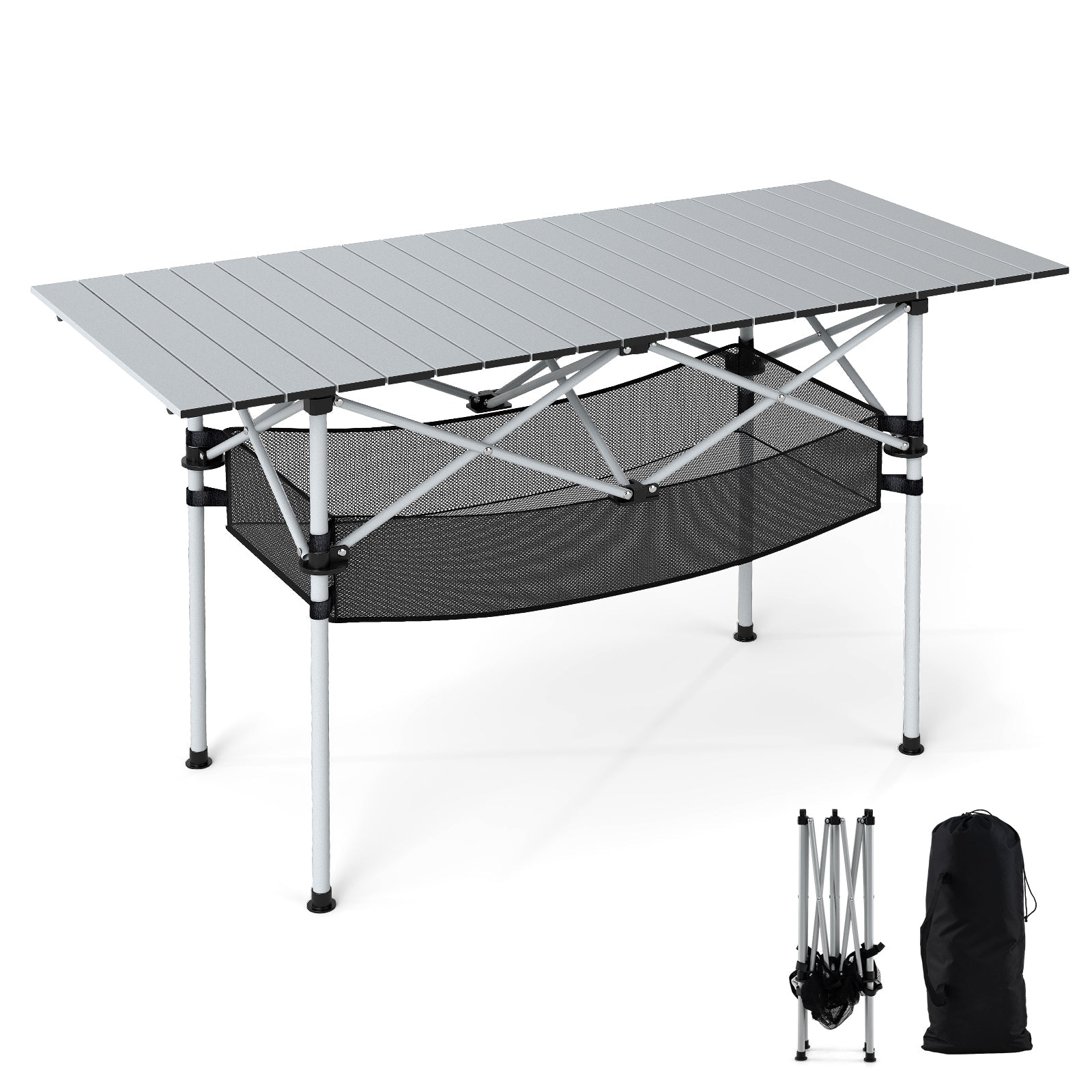 Folding Camping Table with Roll-up Tabletop and Mesh Basket