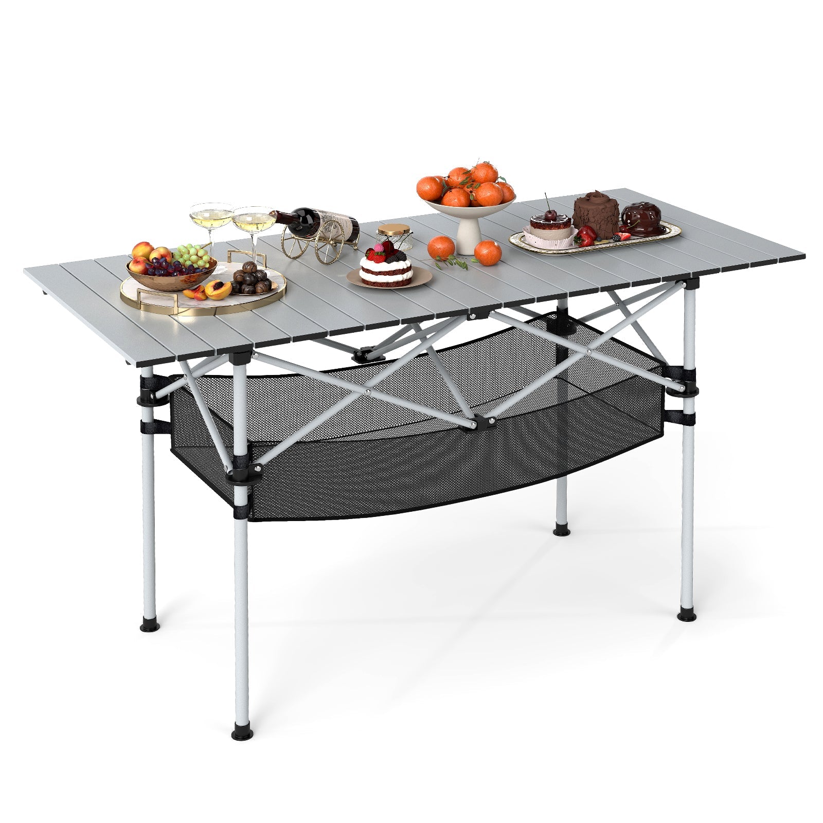 Folding Camping Table with Roll-up Tabletop and Mesh Basket