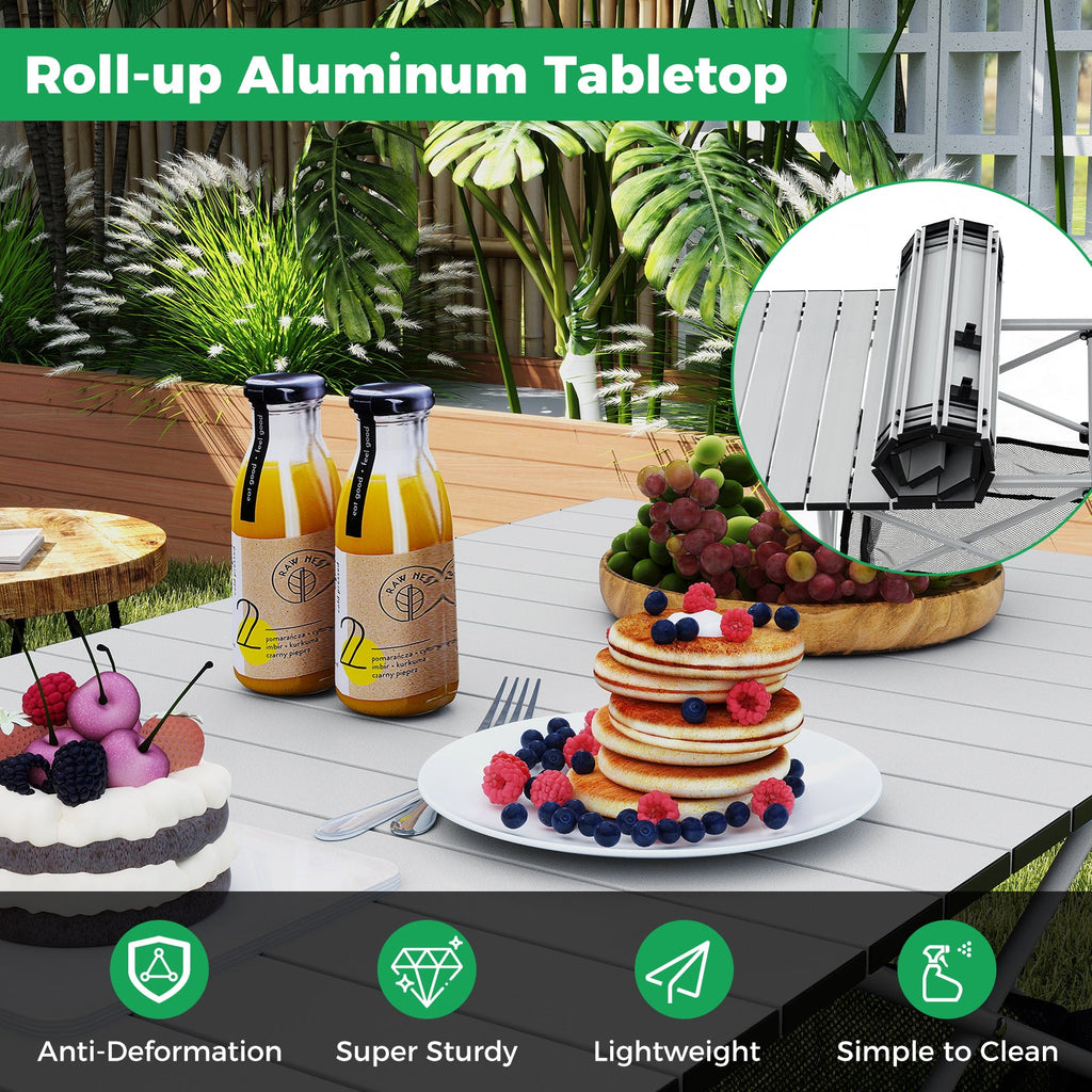 Folding Camping Table with Roll-up Tabletop and Mesh Basket