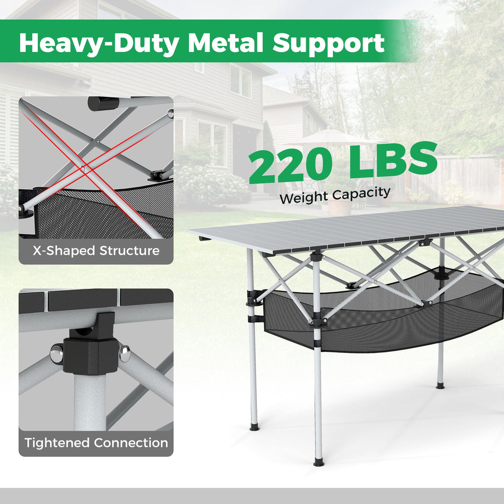 Folding Camping Table with Roll-up Tabletop and Mesh Basket