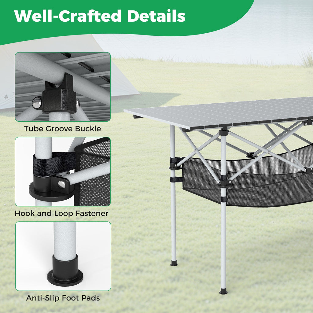 Folding Camping Table with Roll-up Tabletop and Mesh Basket