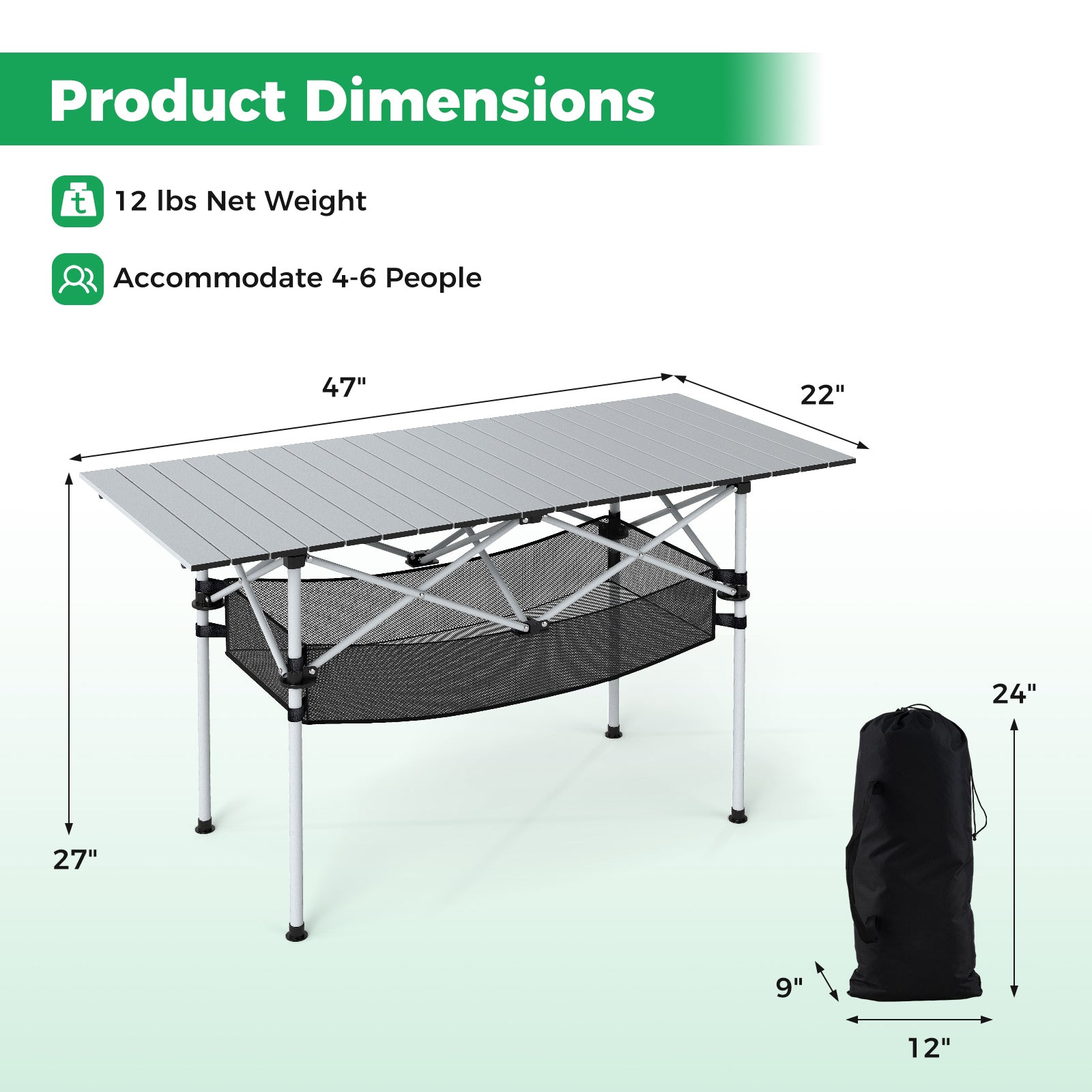 Folding Camping Table with Roll-up Tabletop and Mesh Basket