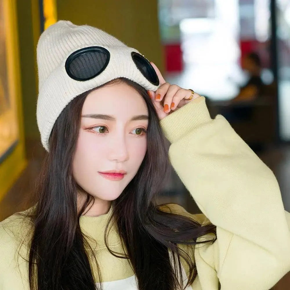 Warm Classic Unisex Wool Knitted Goggles Beanie